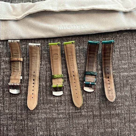 Michele Watch Straps in Silver, Green, and Blue Watches